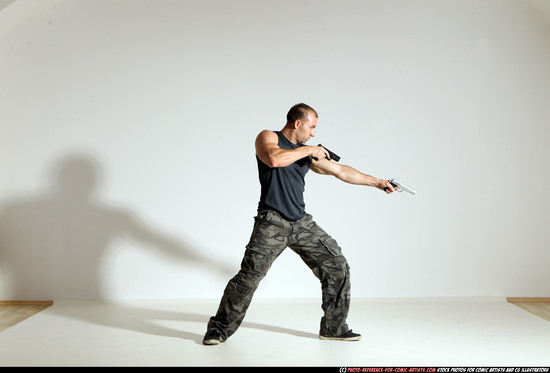 Man Adult Athletic White Fighting with gun Moving poses Army