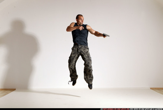 Man Adult Athletic White Fighting with gun Moving poses Army