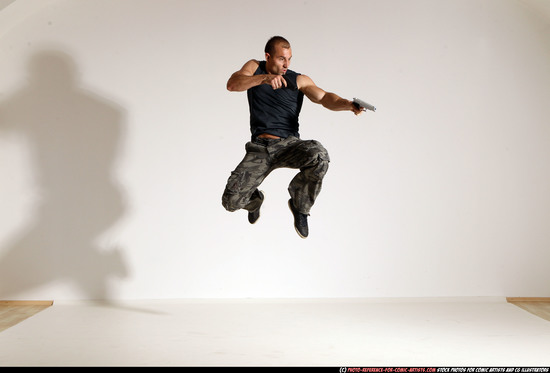 Man Adult Athletic White Fighting with gun Moving poses Army