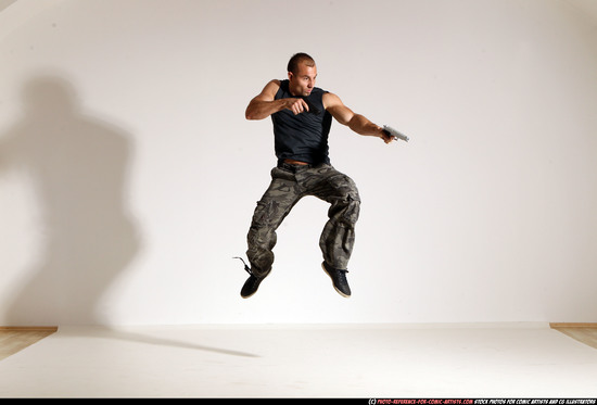 Man Adult Athletic White Fighting with gun Moving poses Army