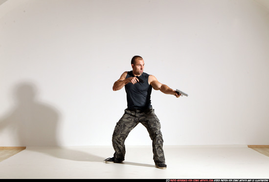 Man Adult Athletic White Fighting with gun Moving poses Army