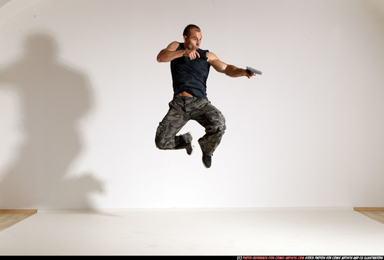 Man Adult Athletic White Fighting with gun Moving poses Army