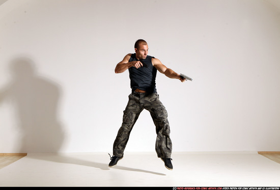 Man Adult Athletic White Fighting with gun Moving poses Army