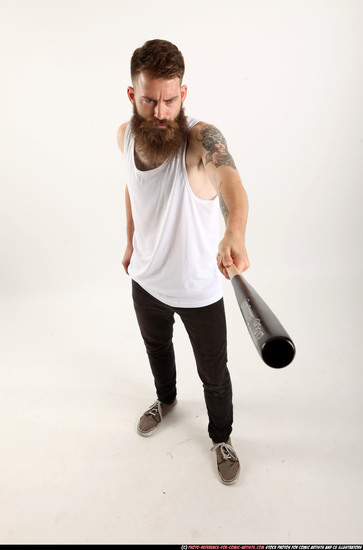 Man Adult Athletic White Standing poses Casual Fighting with bat