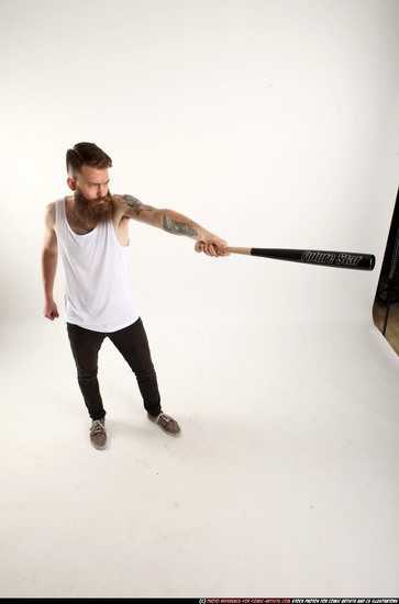 Man Adult Athletic White Standing poses Casual Fighting with bat