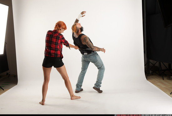 Man & Woman Adult Athletic White Moving poses Casual Fighting with bat