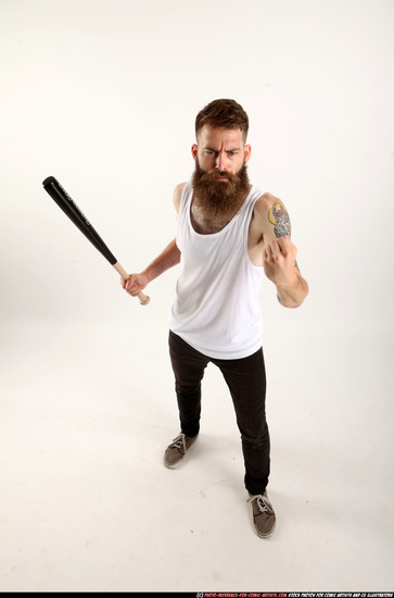 Man Adult Athletic White Standing poses Casual Fighting with bat