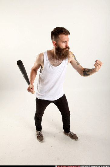 Man Adult Athletic White Standing poses Casual Fighting with bat