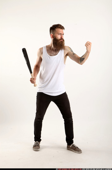 Man Adult Athletic White Standing poses Casual Fighting with bat