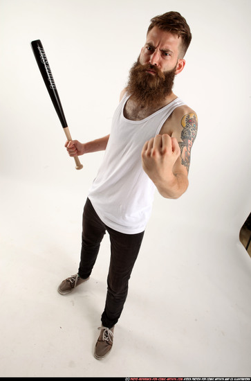 Man Adult Athletic White Standing poses Casual Fighting with bat