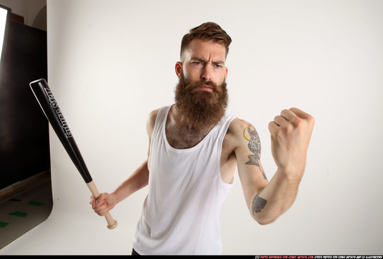 Man Adult Athletic White Standing poses Casual Fighting with bat