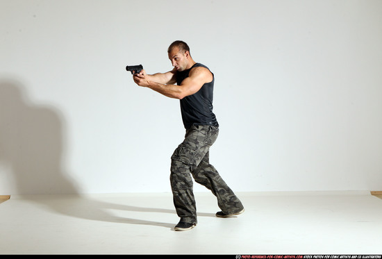 Man Adult Athletic White Fighting with gun Moving poses Army