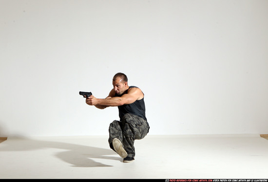 Man Adult Athletic White Fighting with gun Moving poses Army