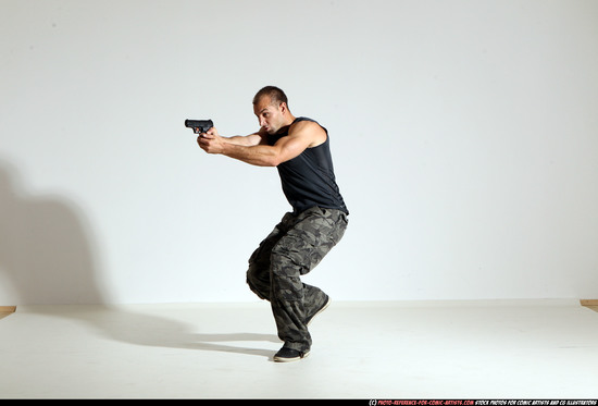 Man Adult Athletic White Fighting with gun Moving poses Army