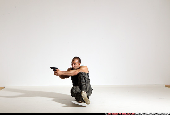 Man Adult Athletic White Fighting with gun Moving poses Army