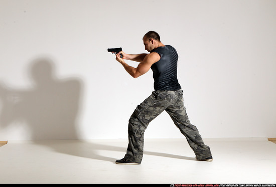 Man Adult Athletic White Fighting with gun Moving poses Army