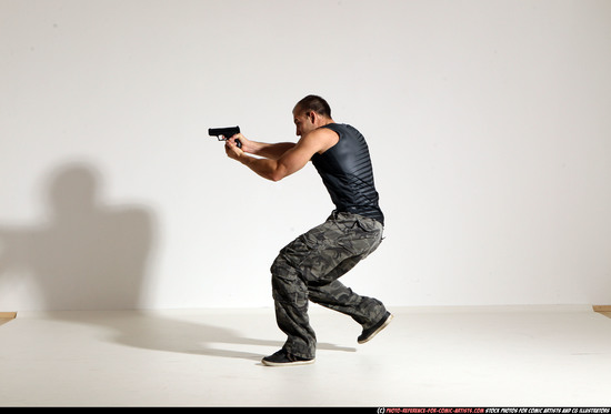 Man Adult Athletic White Fighting with gun Moving poses Army