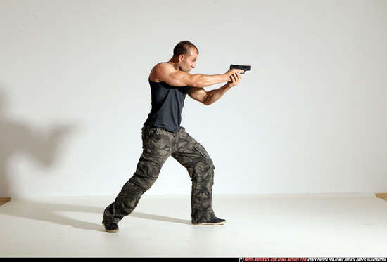 Man Adult Athletic White Fighting with gun Moving poses Army