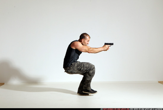 Man Adult Athletic White Fighting with gun Moving poses Army