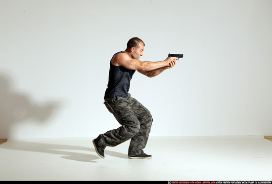 Man Adult Athletic White Fighting with gun Moving poses Army