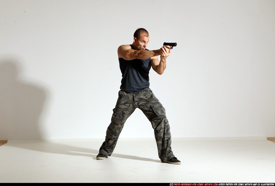 Man Adult Athletic White Fighting with gun Moving poses Army