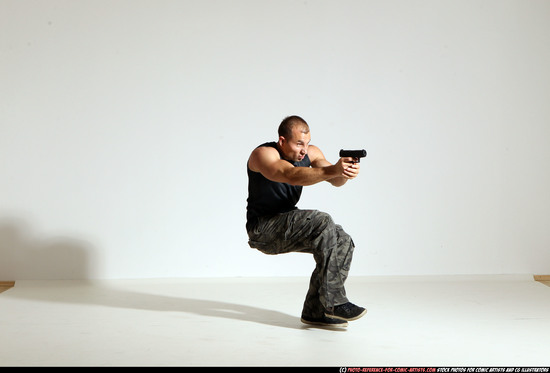 Man Adult Athletic White Fighting with gun Moving poses Army