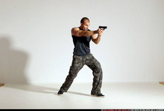 Man Adult Athletic White Fighting with gun Moving poses Army