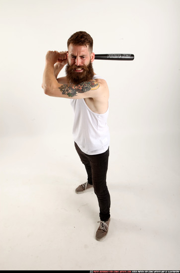 Man Adult Athletic White Standing poses Casual Fighting with bat