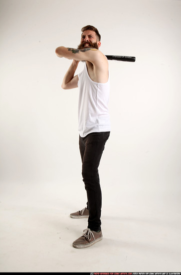 Man Adult Athletic White Standing poses Casual Fighting with bat