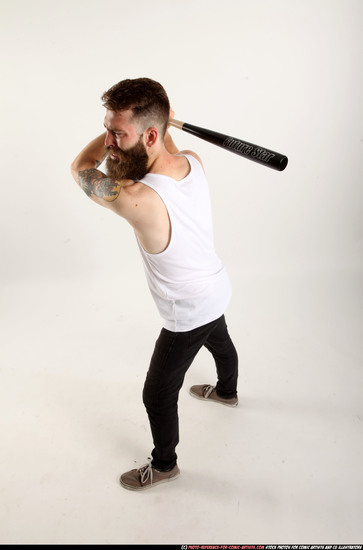 Man Adult Athletic White Standing poses Casual Fighting with bat