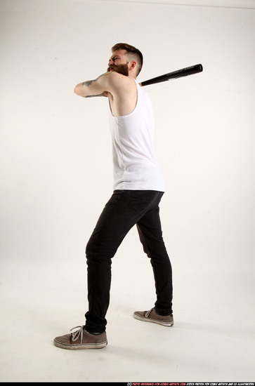 Man Adult Athletic White Standing poses Casual Fighting with bat