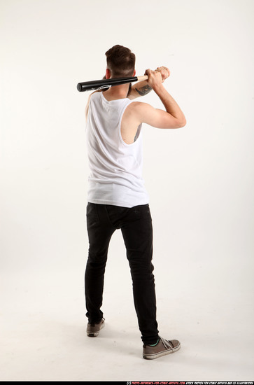 Man Adult Athletic White Standing poses Casual Fighting with bat