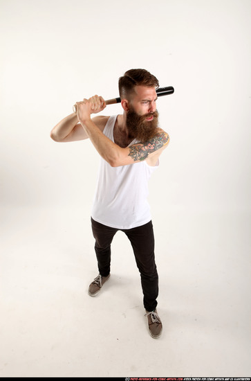 Man Adult Athletic White Standing poses Casual Fighting with bat