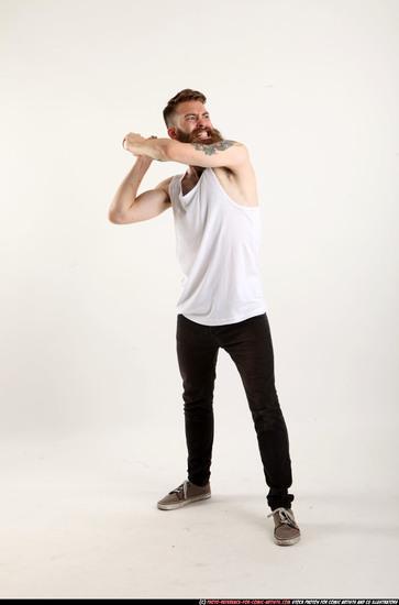 Man Adult Athletic White Standing poses Casual Fighting with bat