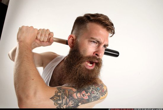 Man Adult Athletic White Standing poses Casual Fighting with bat