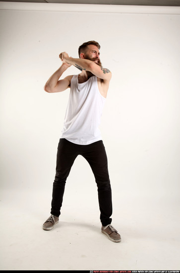 Man Adult Athletic White Standing poses Casual Fighting with bat