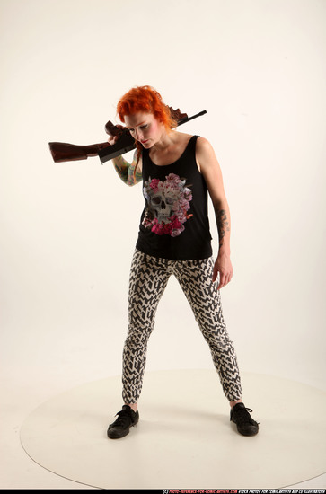 Woman Adult Athletic White Fighting with submachine gun Standing poses Casual