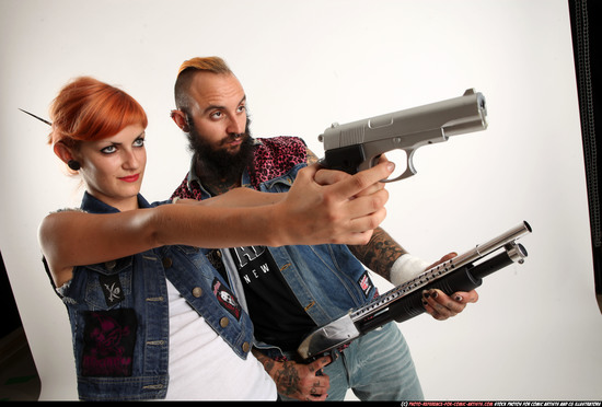 Man & Woman Adult Athletic White Fighting with gun Standing poses Casual