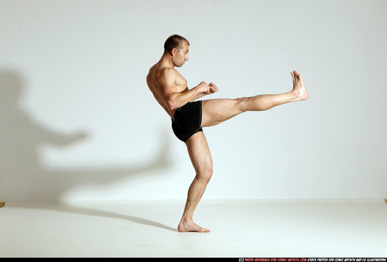 Man Adult Athletic White Kick fight Moving poses Underwear