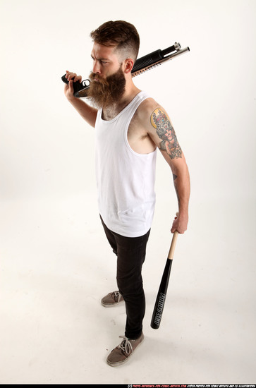 Man Adult Athletic White Standing poses Casual Fighting with shotgun