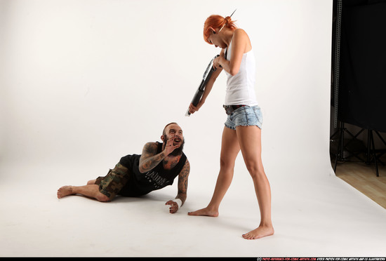 Man & Woman Adult Athletic White Moving poses Casual Fighting with shotgun