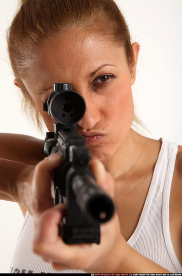 Woman Adult Athletic White Fighting with submachine gun Standing poses Casual