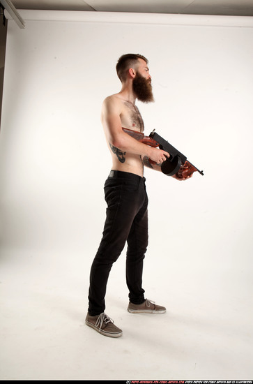 Man Adult Athletic White Fighting with submachine gun Standing poses Pants