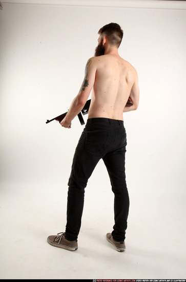 Man Adult Athletic White Fighting with submachine gun Standing poses Pants