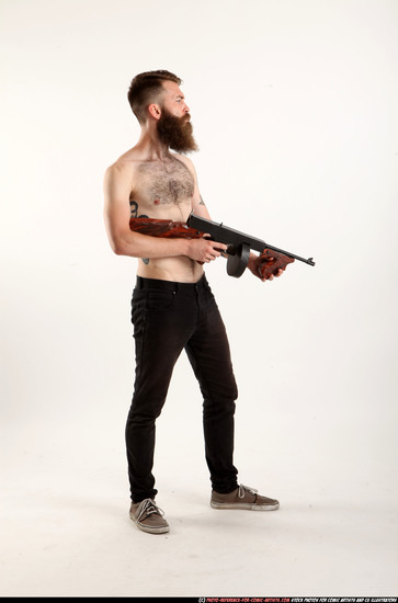 Man Adult Athletic White Fighting with submachine gun Standing poses Pants