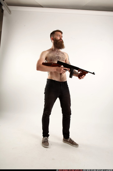 Man Adult Athletic White Fighting with submachine gun Standing poses Pants