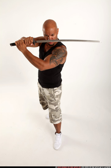 Man Adult Athletic Black Fighting with sword Standing poses Army