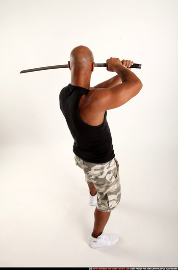 Man Adult Athletic Black Fighting with sword Standing poses Army