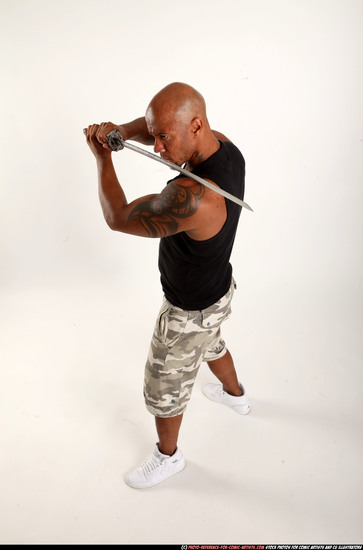 Man Adult Athletic Black Fighting with sword Standing poses Army