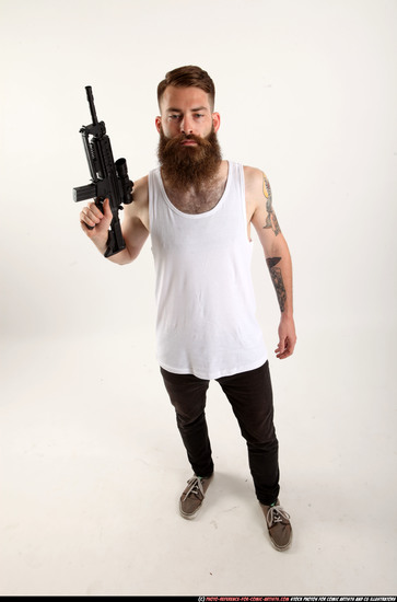 Man Adult Athletic White Fighting with submachine gun Standing poses Casual